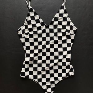 Checkered V Neck Low Back Bodysuit